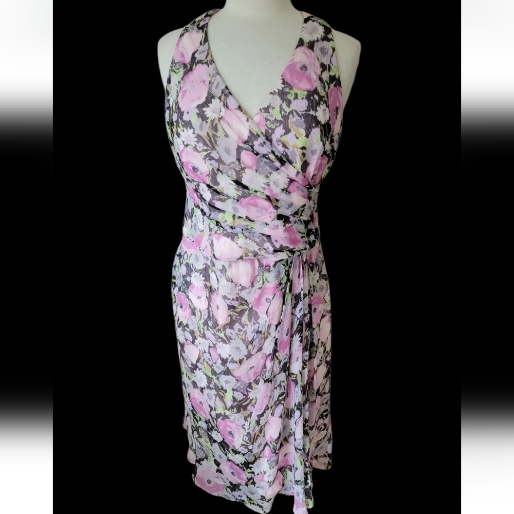 Ralph Lauren Pink and Purple Floral Silk Faux Wrap  Midi Dress